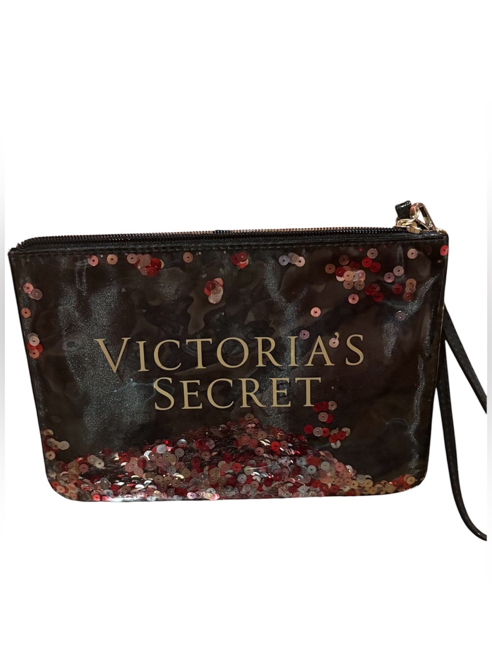 Victoria's Secret Black Sequin Wristlet Pouch with Red & Silver Accents